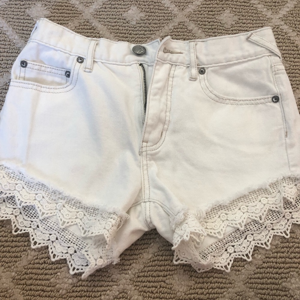 Free People White Lace Denim Shorts
